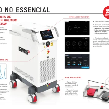 Recursos do LaserClast 35: interface simplificada com modos de litotripsia, fibras inteligentes EMS e pedal multifunção