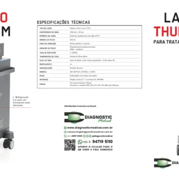 LaserClast Thulium Power EMS - laser de fibra de Thulium (TFL) 60 W em formato de torre, com especificações técnicas do folder oficial