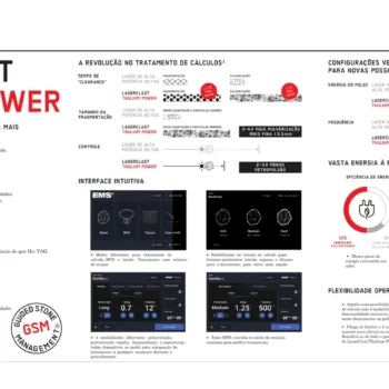 Folder do LaserClast Thulium Power: comparativos com laser Ho:YAG, interface com modos para cálculo, HPB e tecido, e pedal duplo